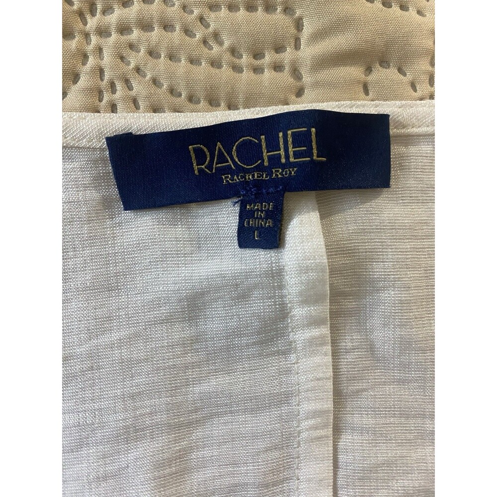 Rachel Roy White V-Neck Blouse L Puff Short Sleeve Slub Rayon Boho Minimalist - Picture 6 of 10